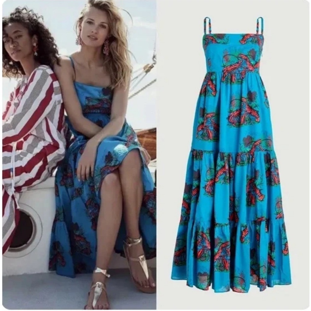 J.Crew Tiered Ultramarine Blue Maxi Dress In Lobster Print Size 6
